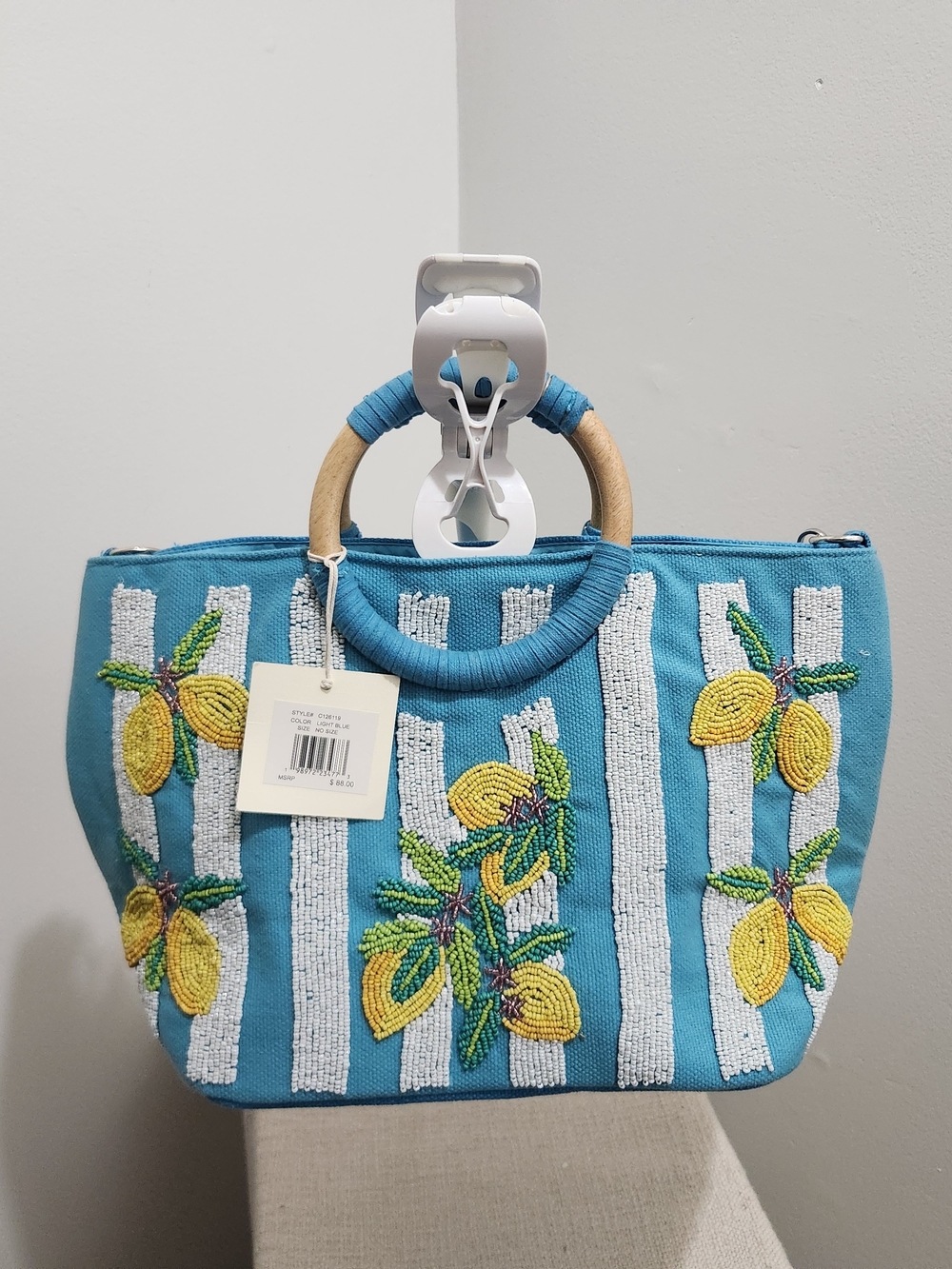 Blue Beaded Lemon Embroidered Handbag with Wooden Handles